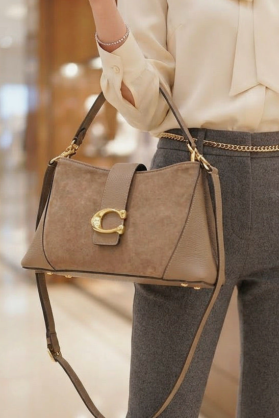 ZZ033 Taupe Leather Suede Shoulder Bag