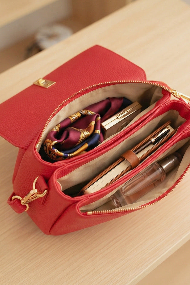 ZZ147 Bright Red Leather 3-Compartment Crossbody Bag