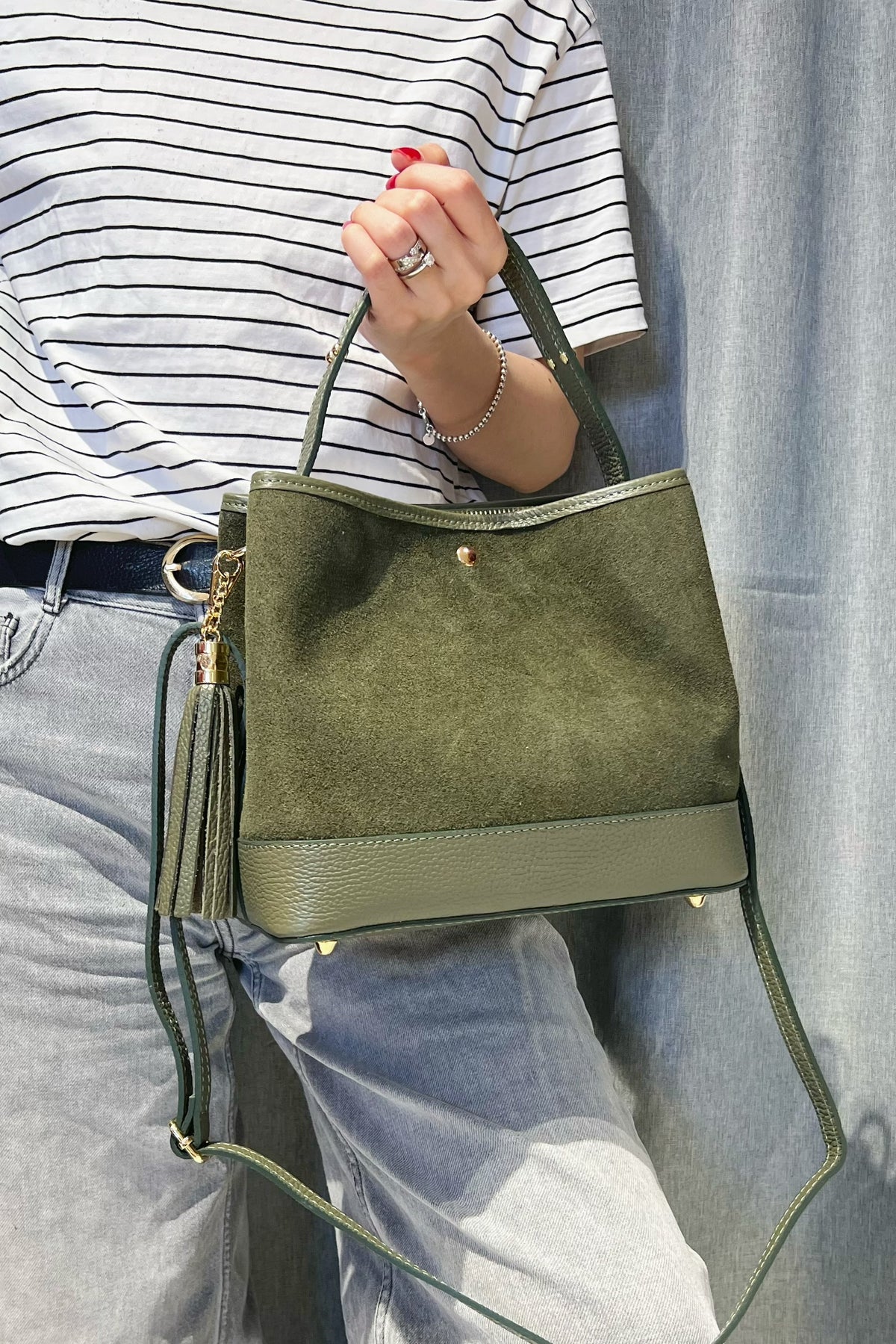 ZZ066 Khaki Leather Suede Bucket Bag