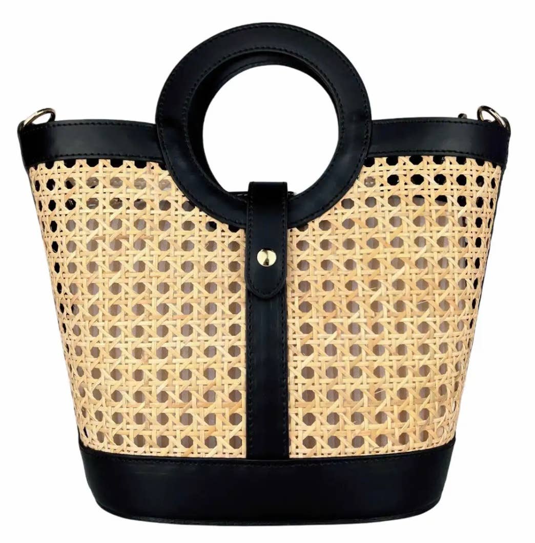 MIWB Black Woven Leather Tote Bag with Round Handle