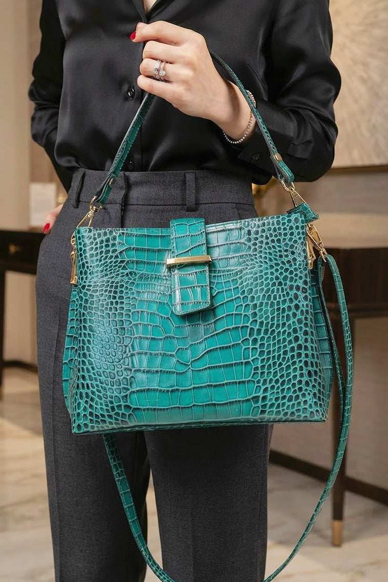 ZZ035 Teal Blue Croco Top Handle Bag