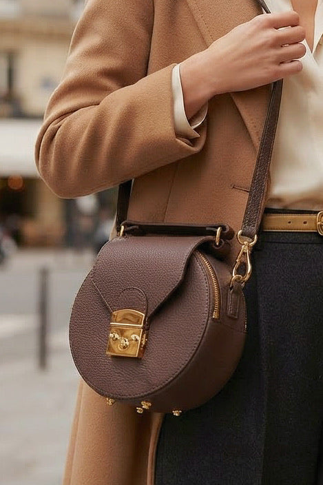 ZZ100 Brown Round Leather Crossbody Bag