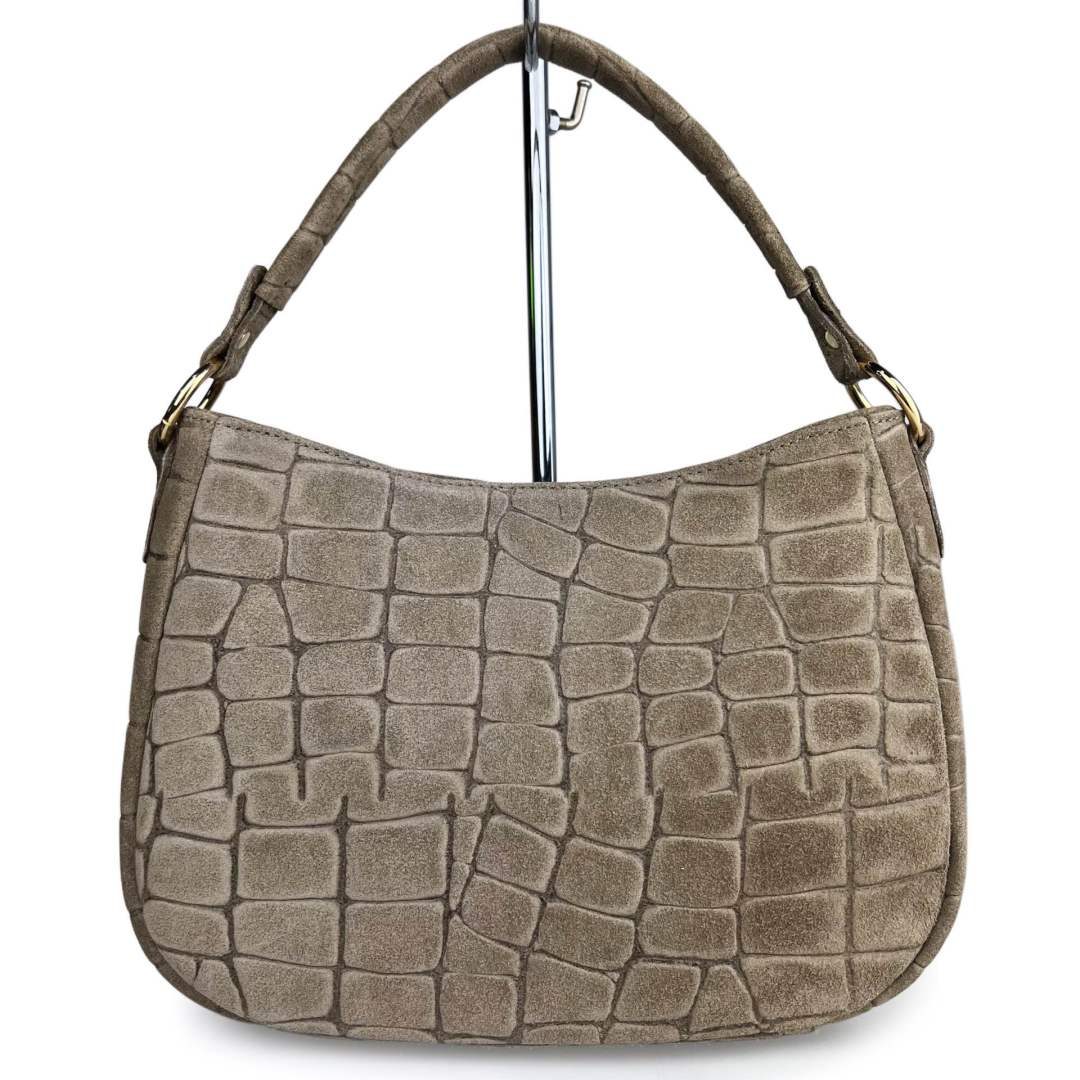 Mi155 Taupe Croco-Print Suede Hobo Bag