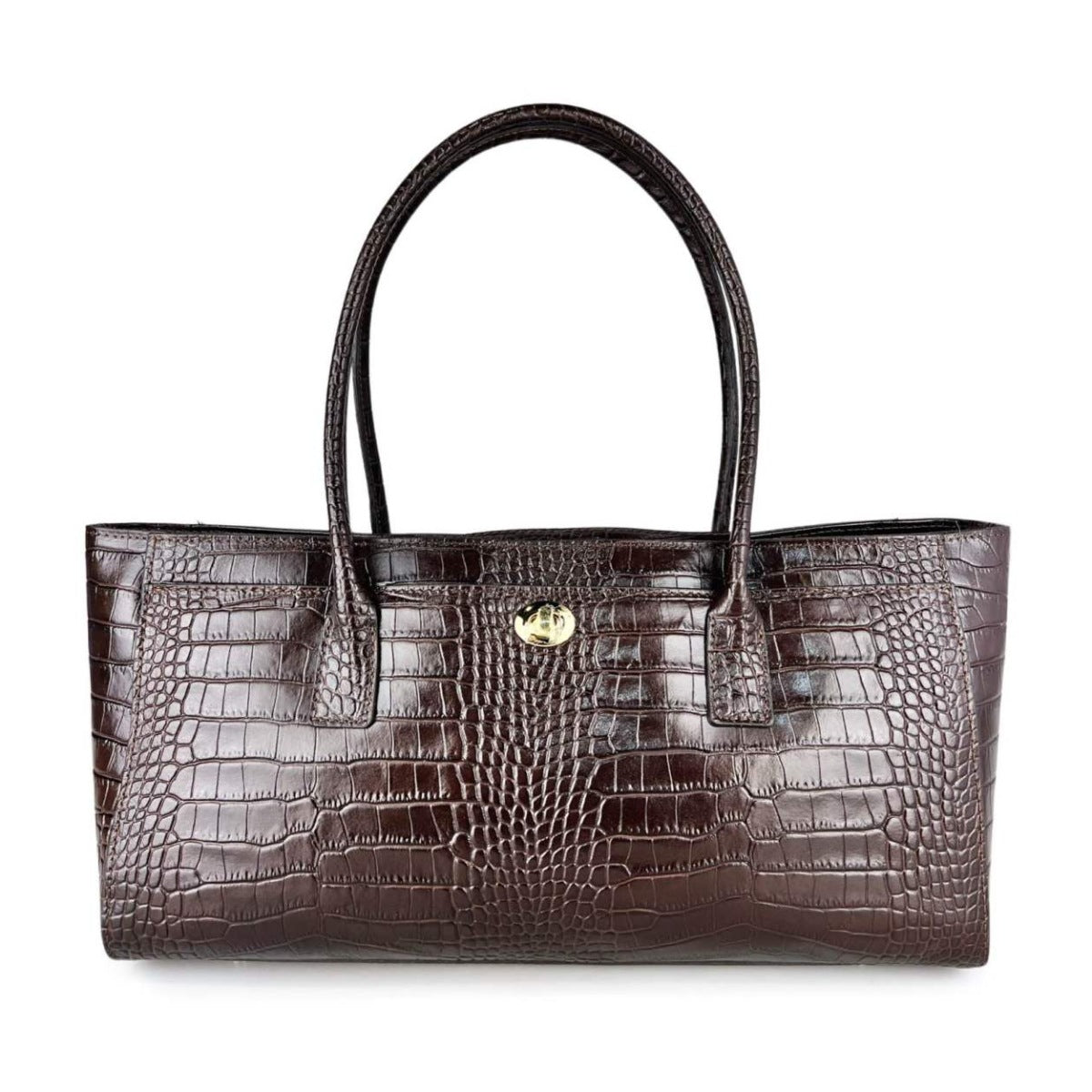 MI627 Dark Brown Croc-Print Leather Shoulder Bag