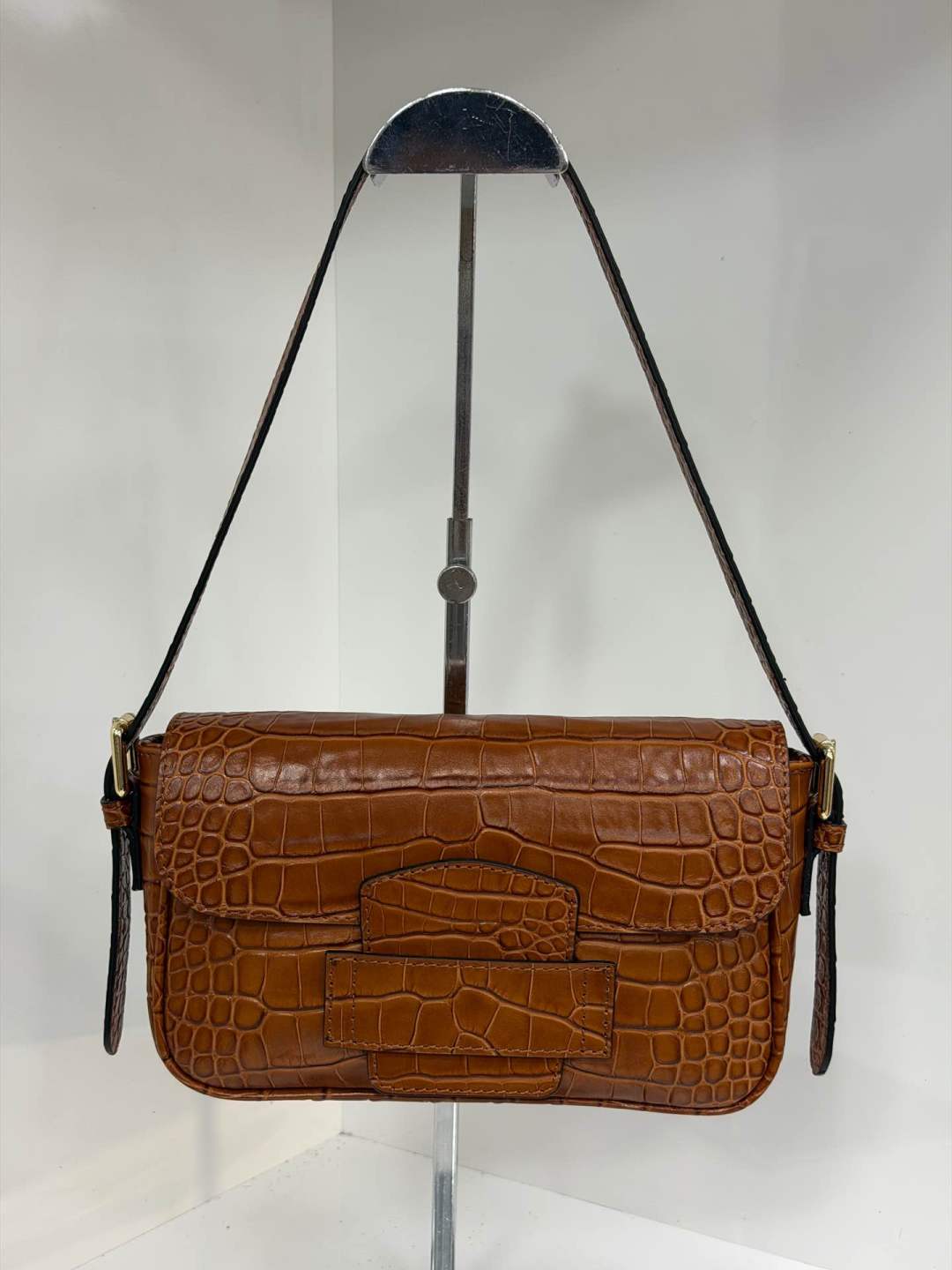 ST158 Tan Croco Print Leather Baguette Bag