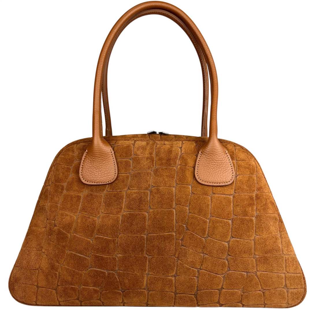 Mi170 Tan Croco-Print Suede Bowling Bag