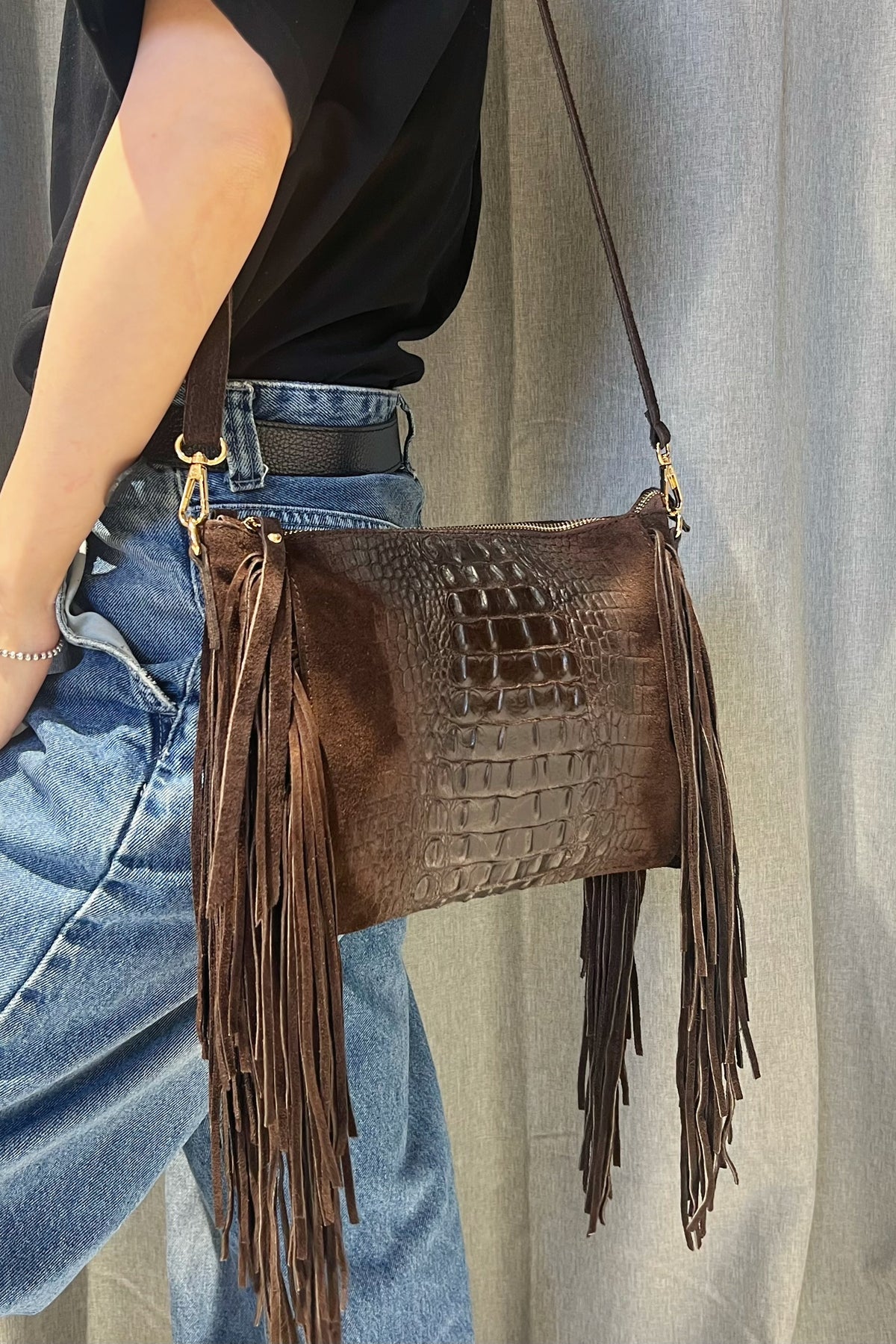 ZZ094 Brown Croco Suede Fringe Crossbody Bag