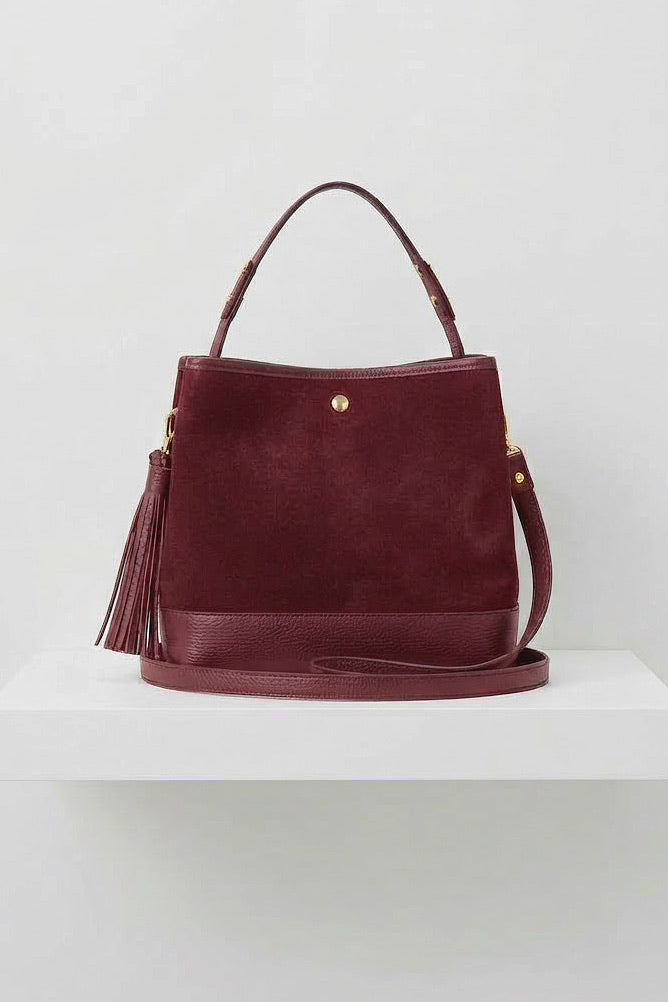 ZZ065 Burgundy Leather Suede Bucket Bag