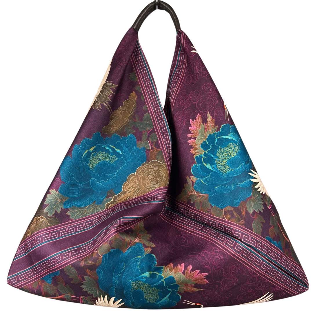 MI500 Plum Crane & Peony Print Triangle Bag
