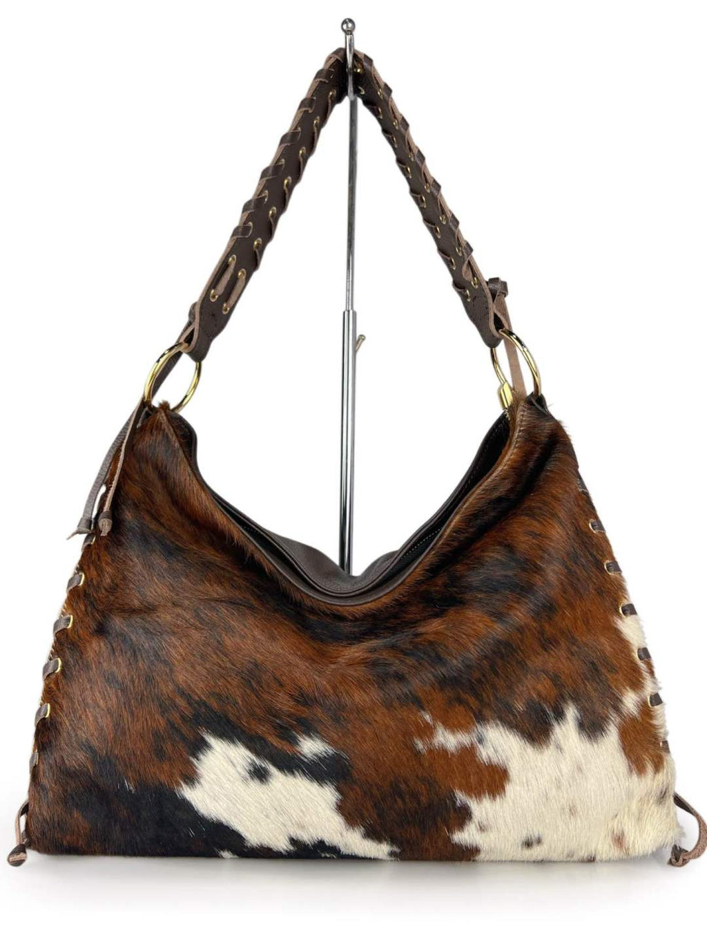 Mi121 Cow Print Pony Hair Woven-Trim Bag