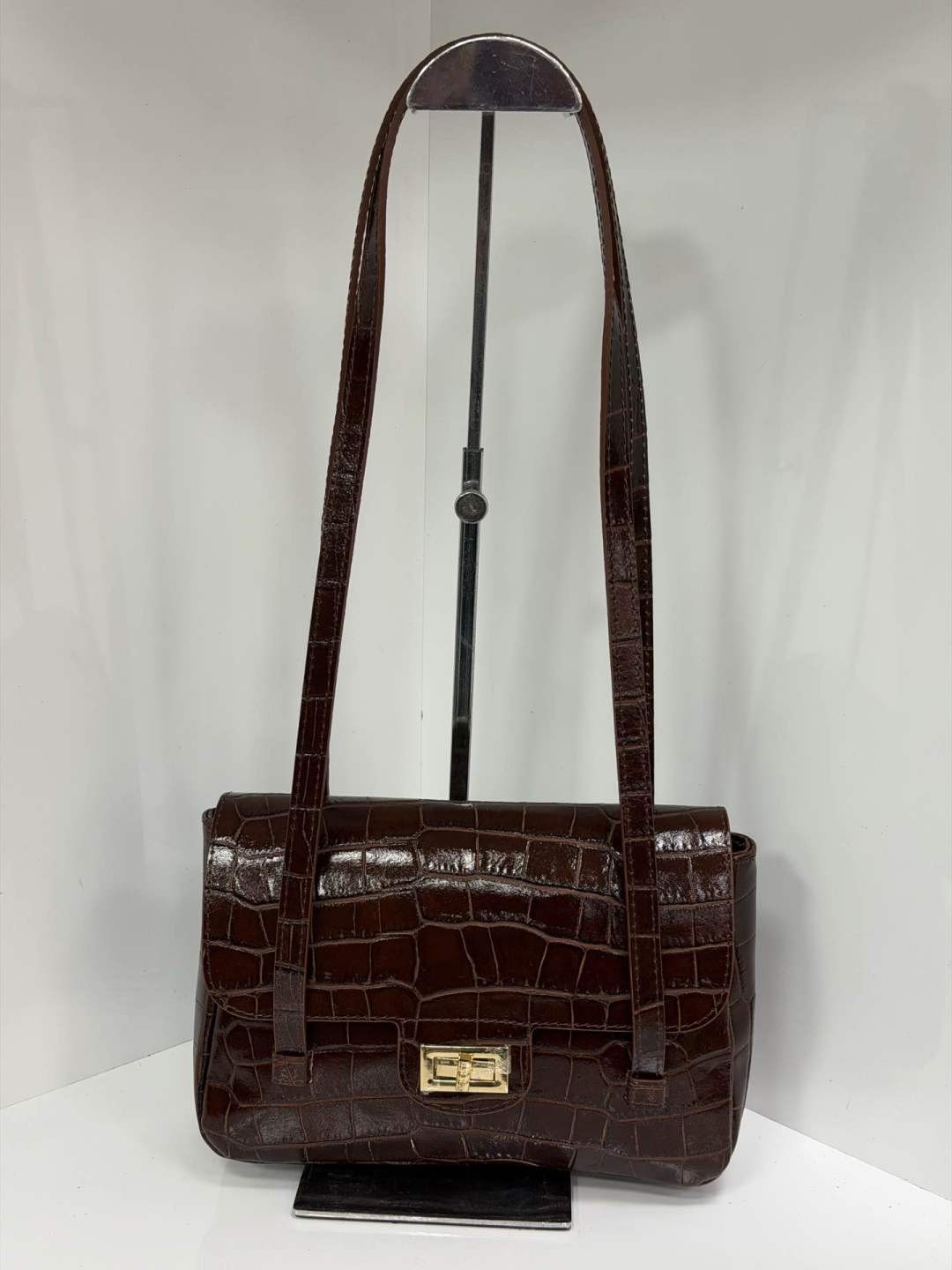 ST154 Brown Croco Print Leather Shoulder Bag