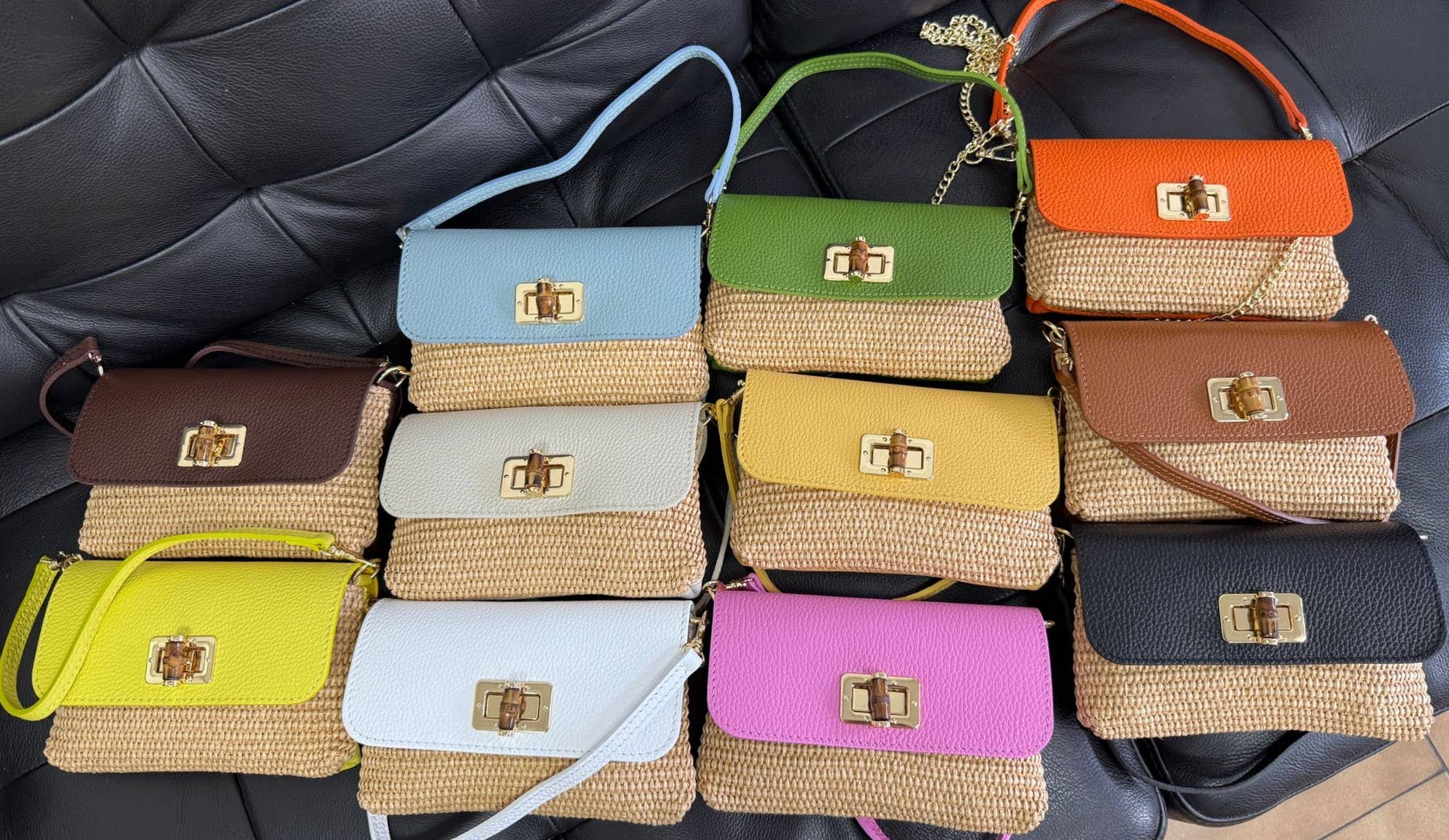 LBRAF Raffia & Leather Clutch Crossbody bag Bamboo Closure