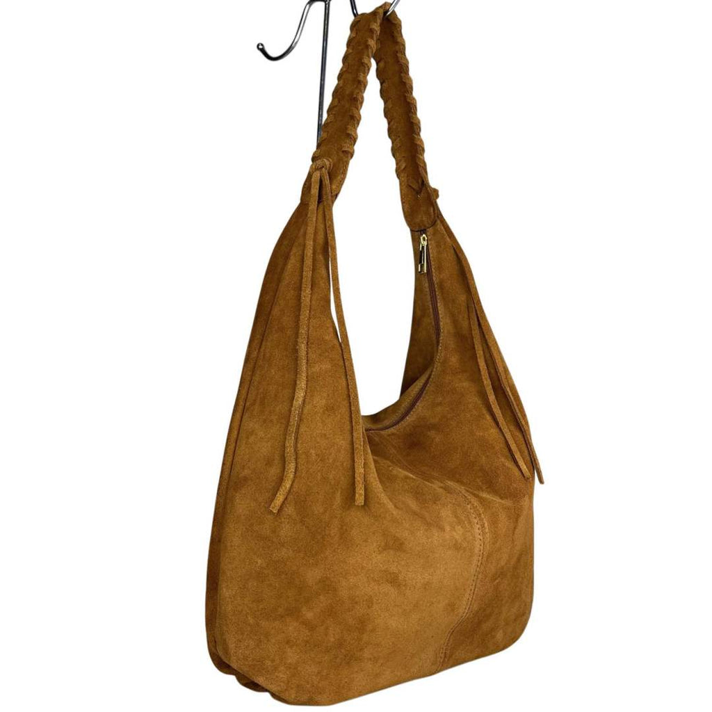 Mi073 Tan Suede Woven-Handle Tote