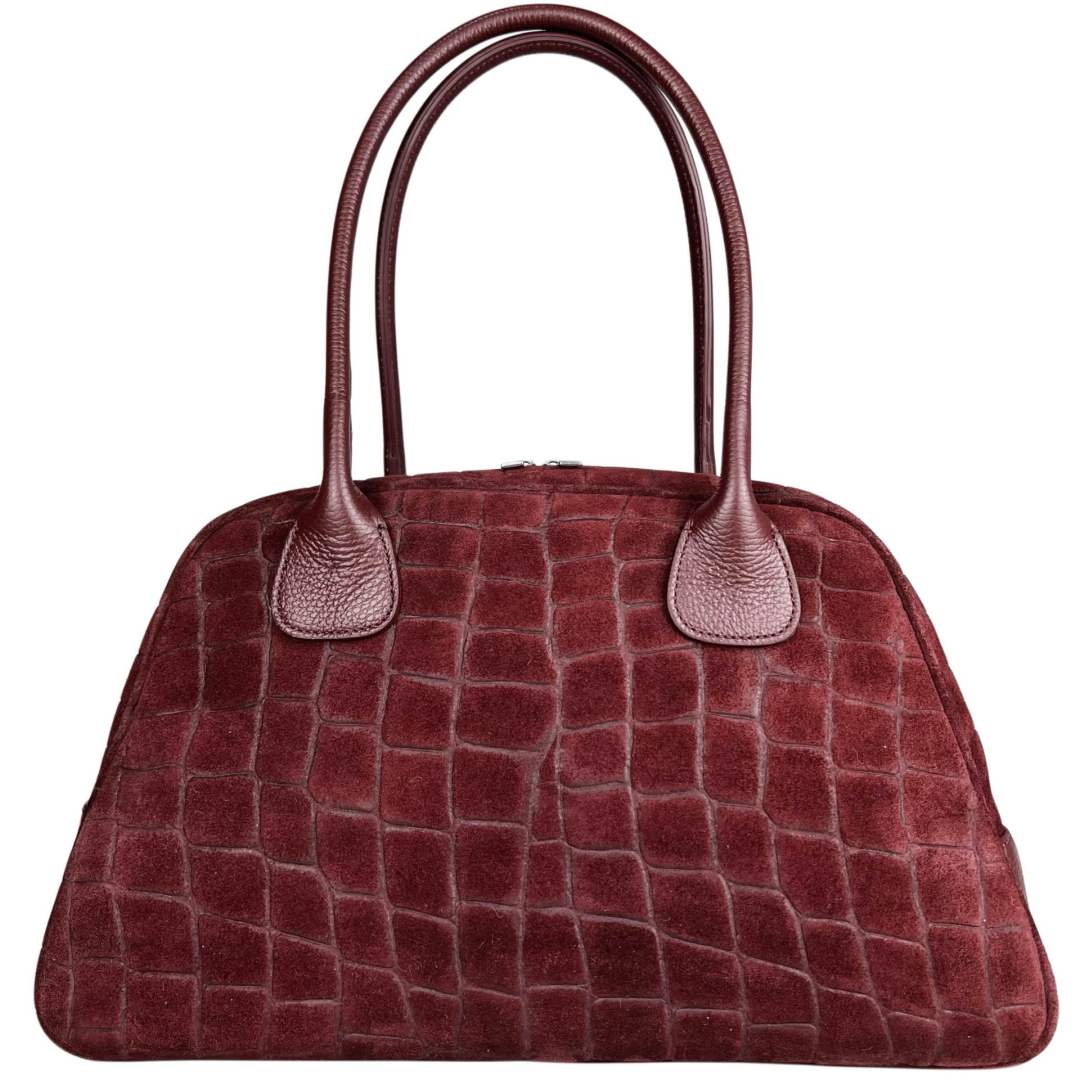 Mi171 Burgundy Croco-Print Suede Bowling Bag