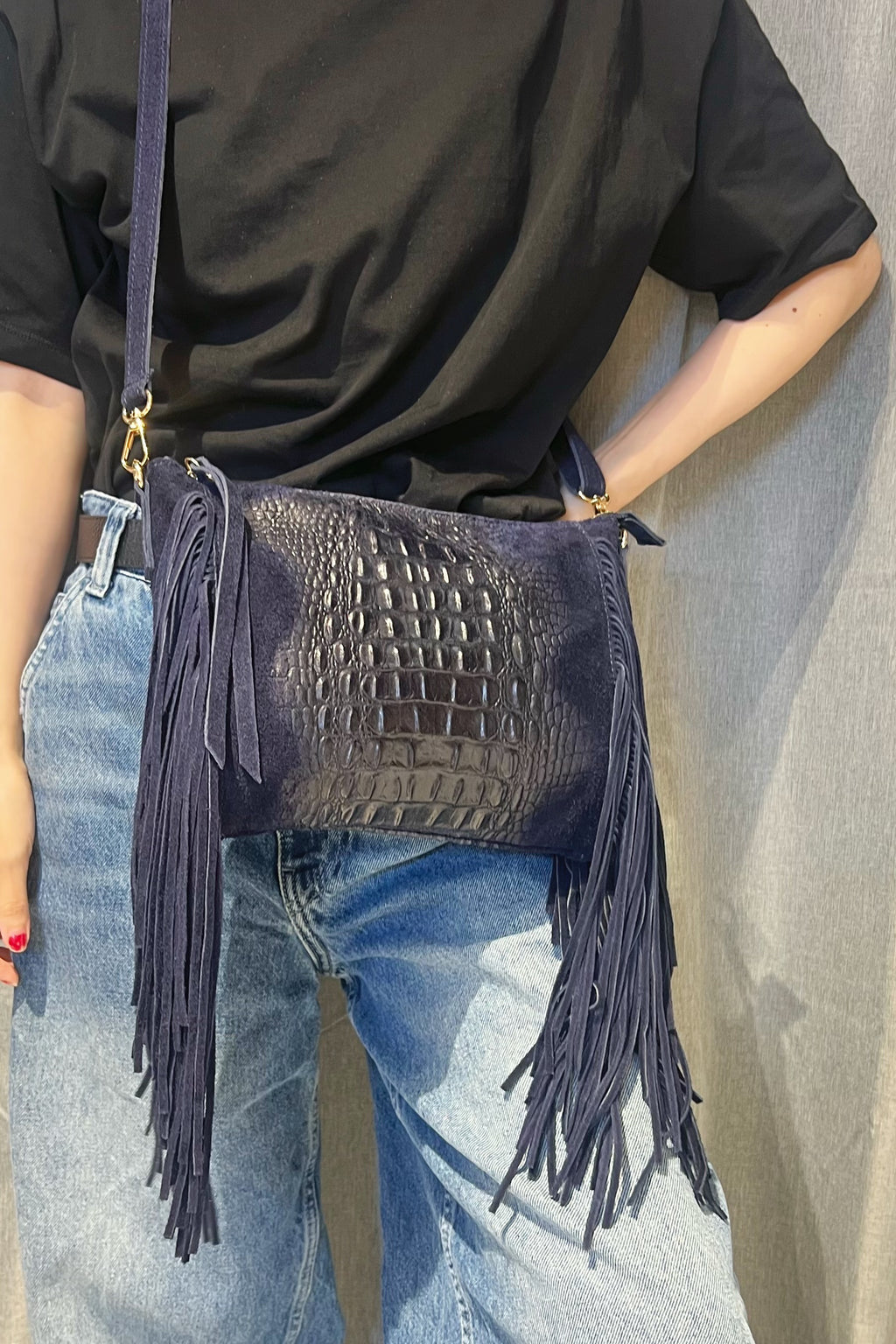 ZZ095 Navy Croco Suede Fringe Crossbody Bag