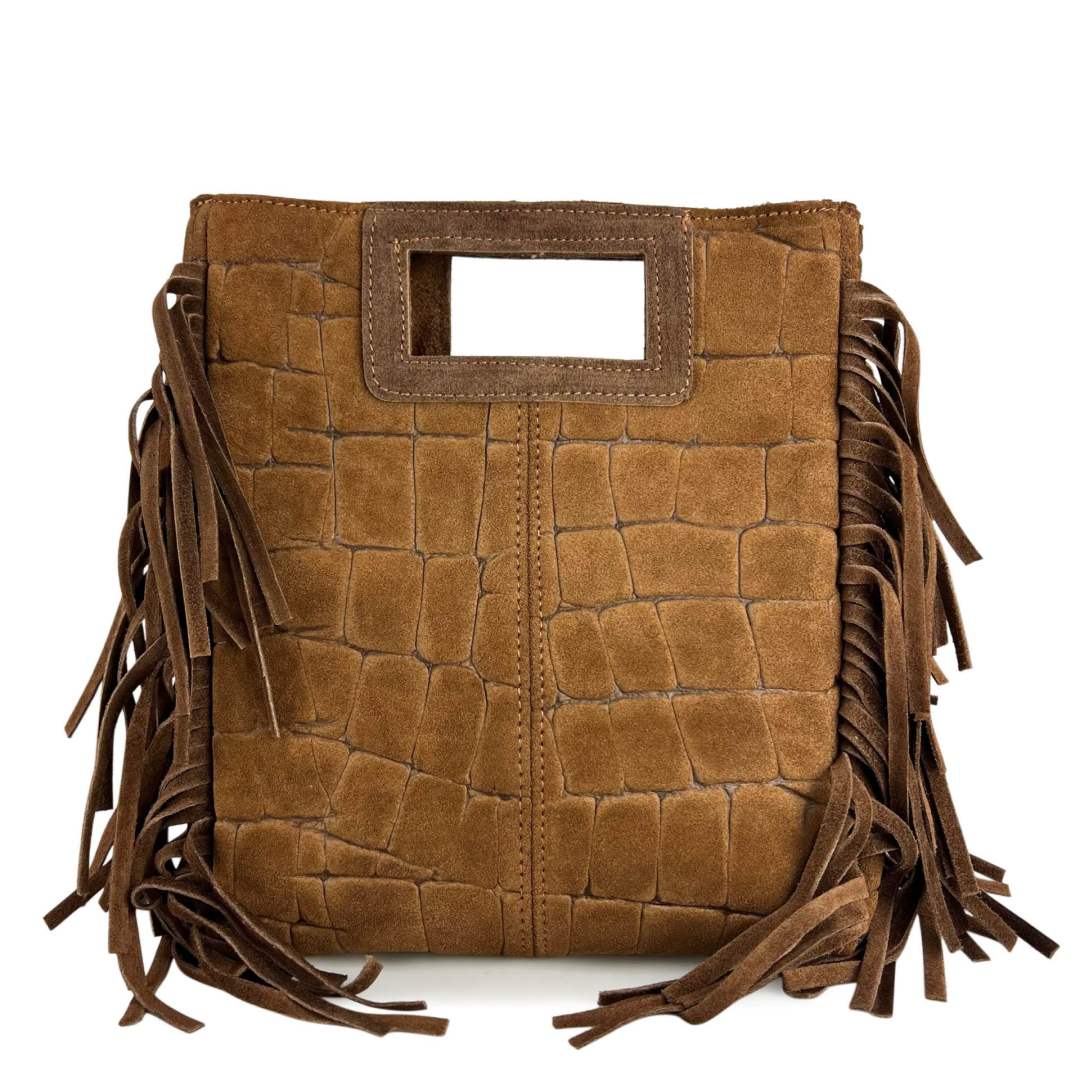 Mi255 Brown Croco-Print Fringe Bag