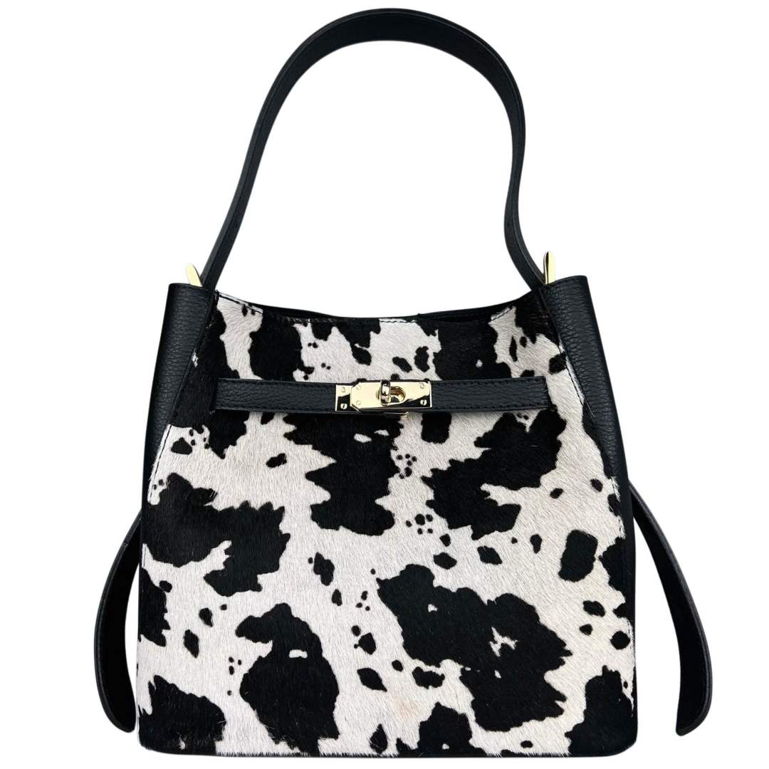 MI528 Black & White Cow Print Pony Hair Bucket Bag