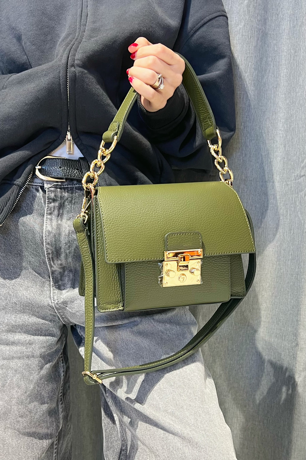 ZZ191 Khaki Grained Leather Top Handle Bag