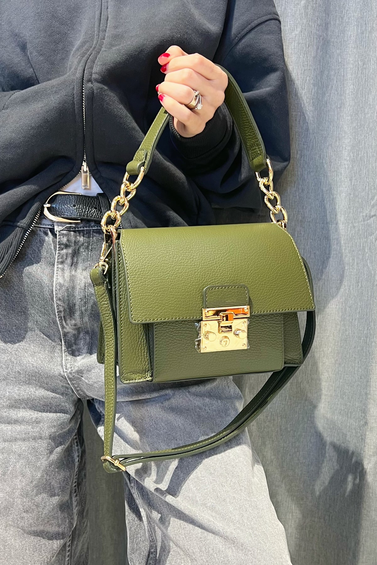 ZZ191 Khaki Grained Leather Top Handle Bag
