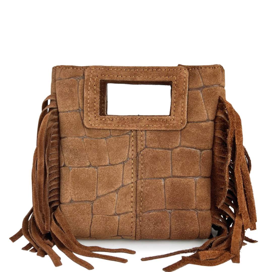Mi261 Brown Suede Croco-Print Fringe Mini