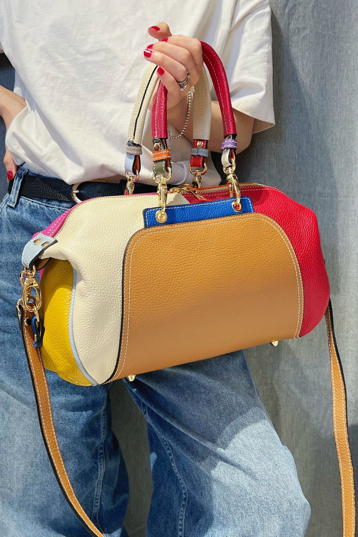 ZZ051 Light Camel Multicolor Leather Handbag