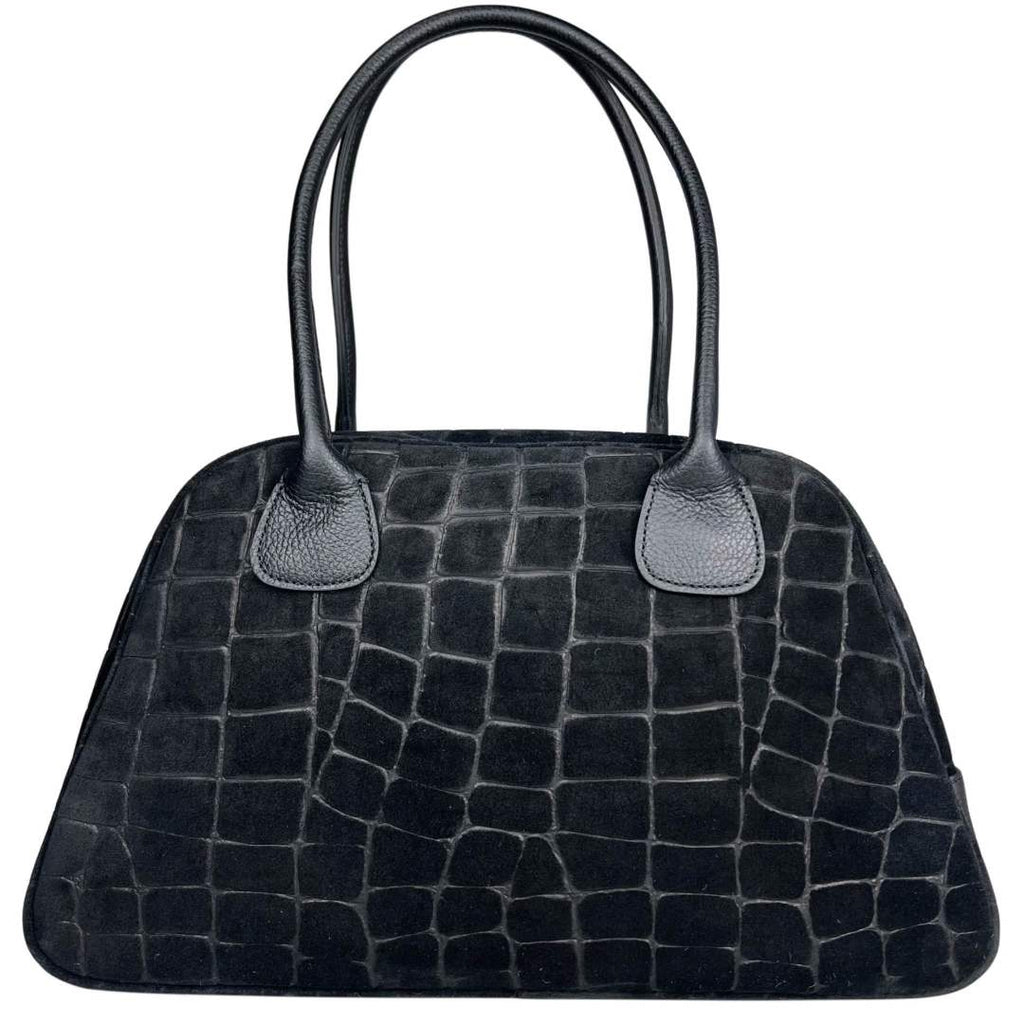 Mi173 Black Croco-Print Suede Bowling Bag