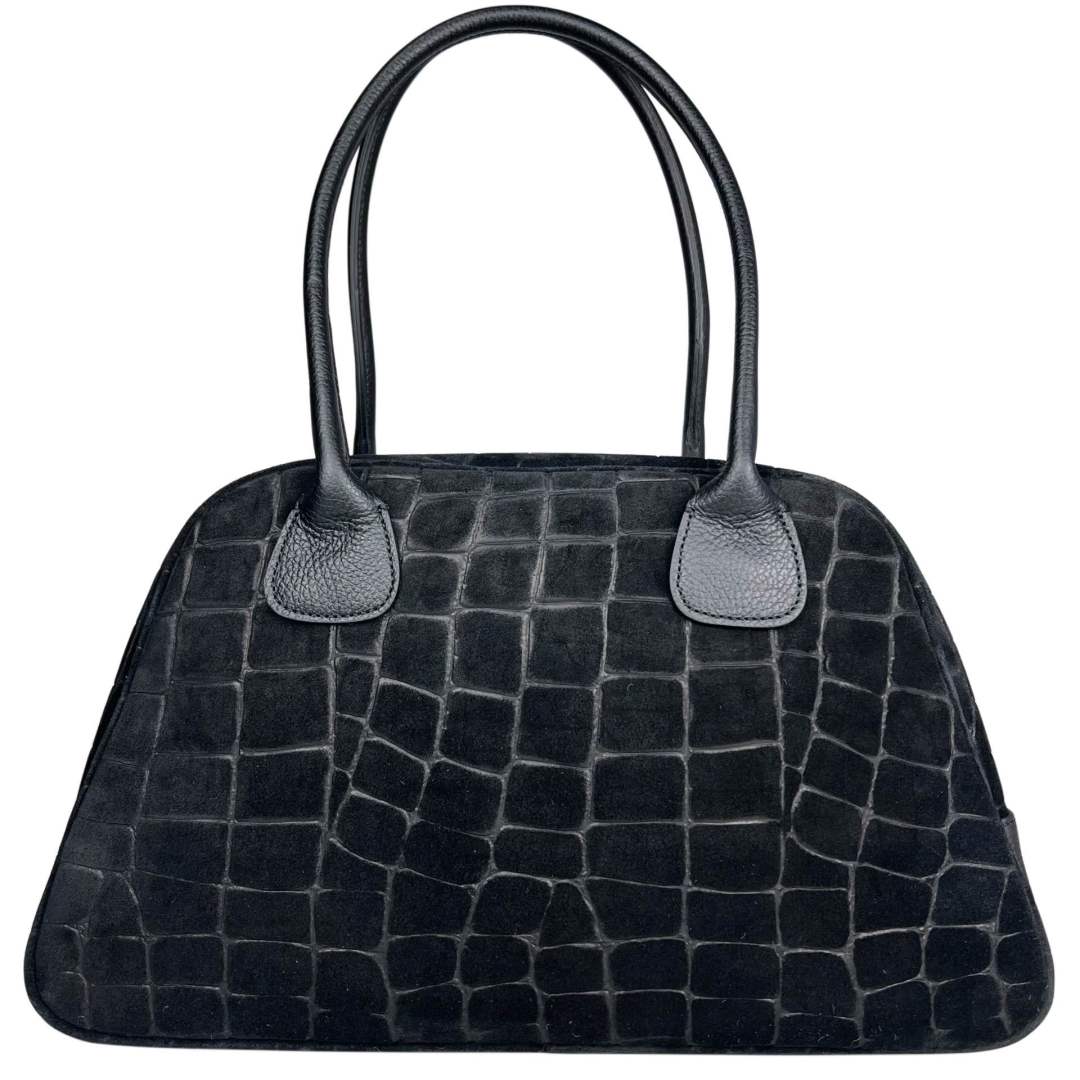 Mi173 Black Croco-Print Suede Bowling Bag