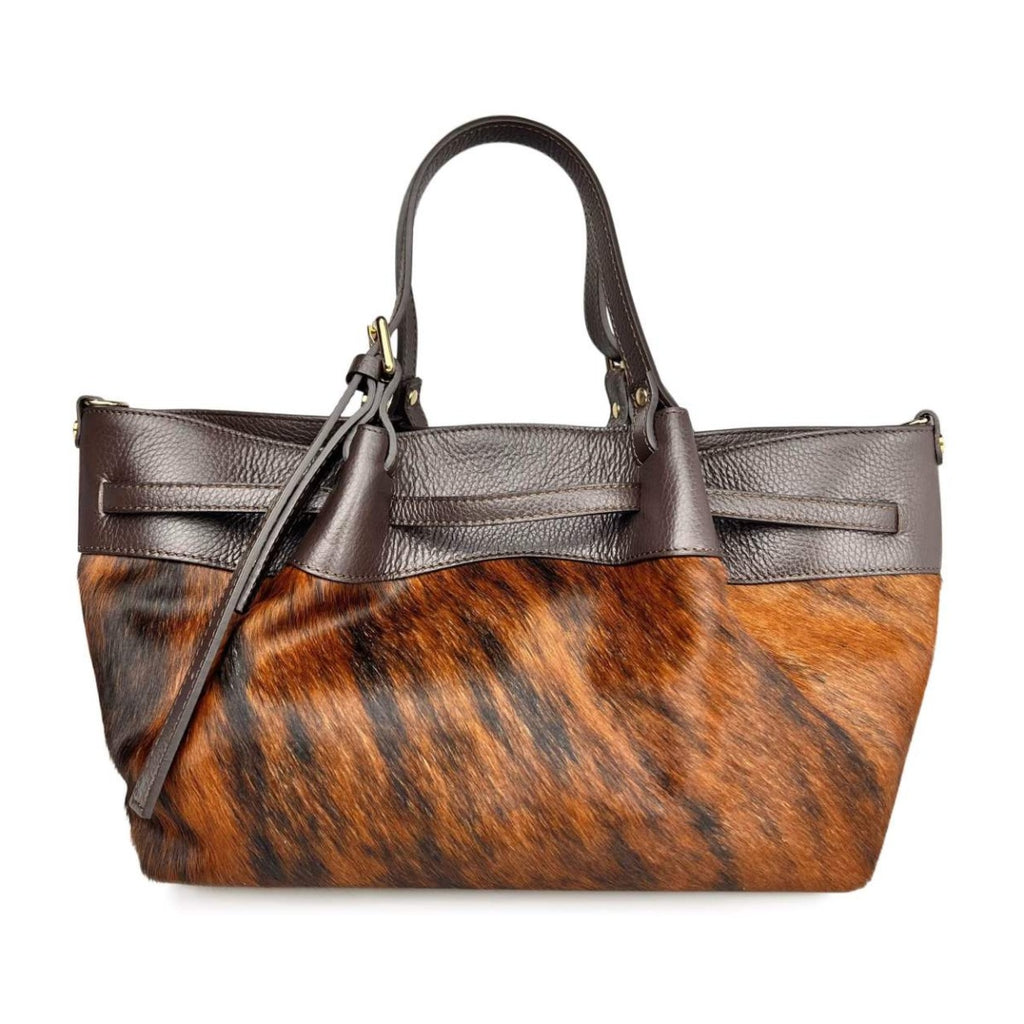 MI638 Cow Print Pony Hair Belted Tote Bag