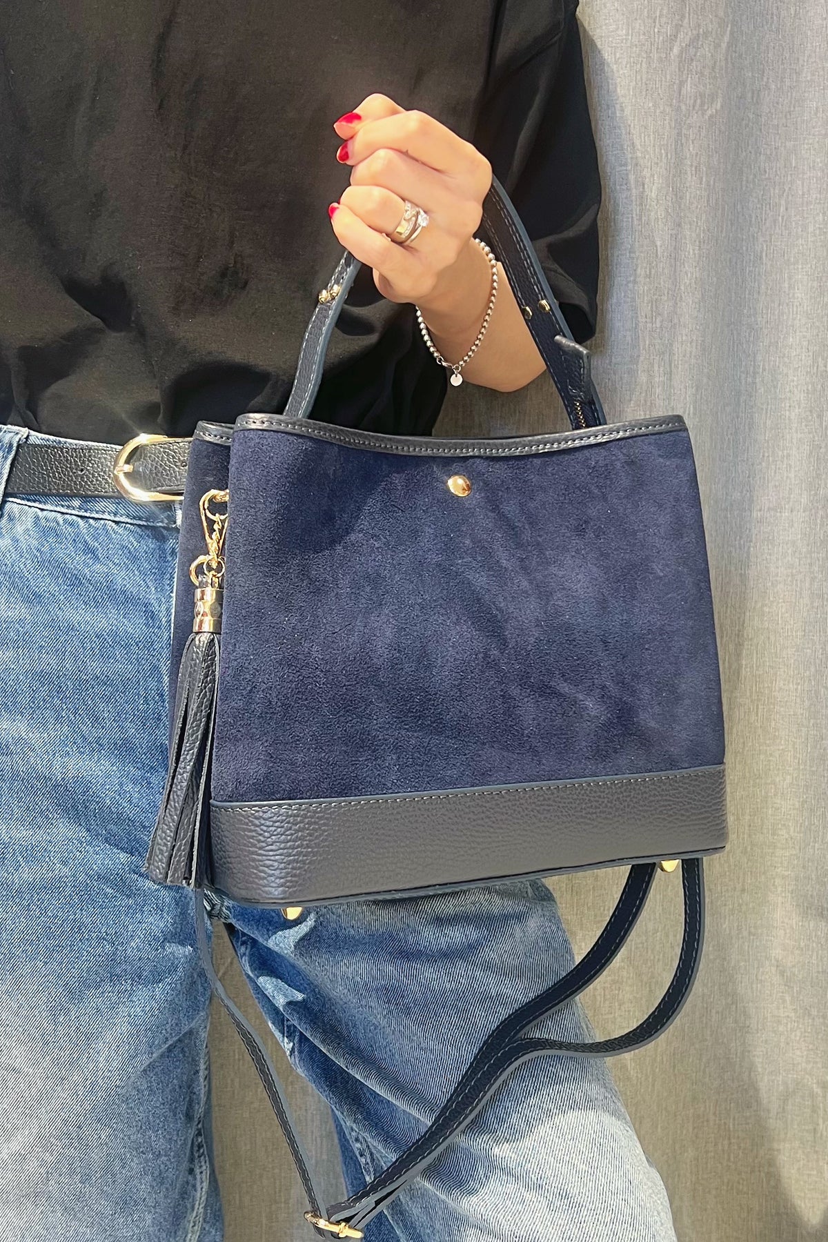 ZZ184 Navy Leather Suede Bucket Bag