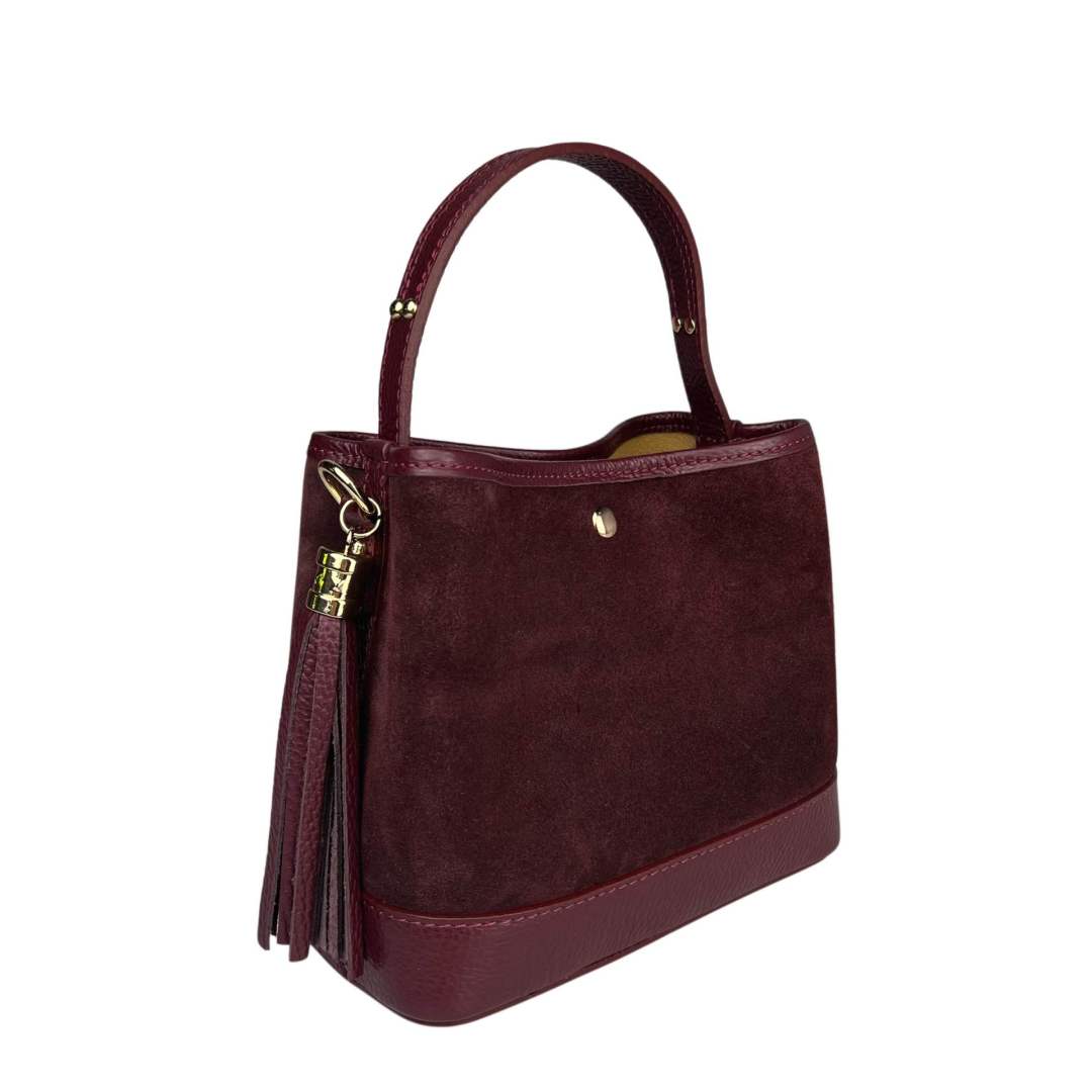 Mi141 Burgundy Tasseled Suede Bucket Bag