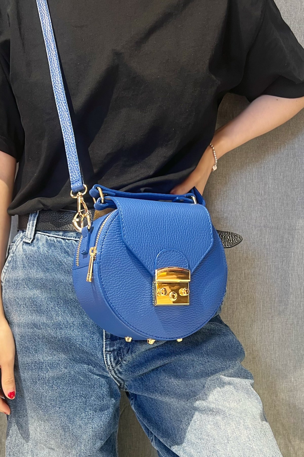 ZZ107 Electric Blue Round Leather Crossbody Bag