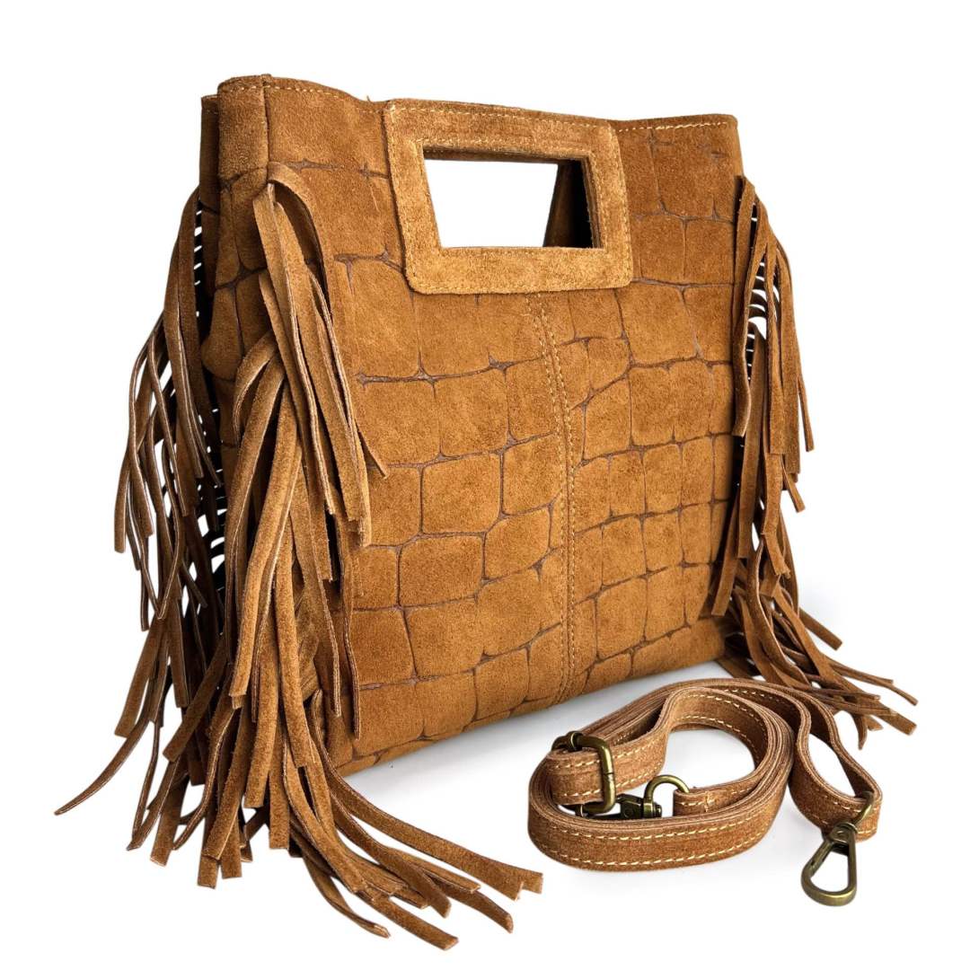 Mi254 Tan Croco-Print Fringe Bag