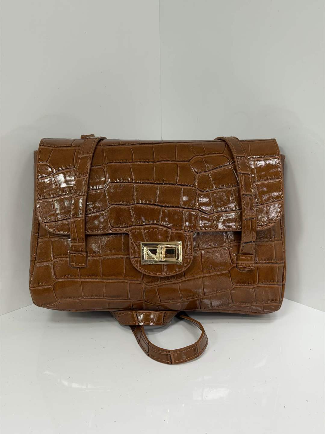 ST152 Tan Croco Print Leather Shoulder Bag