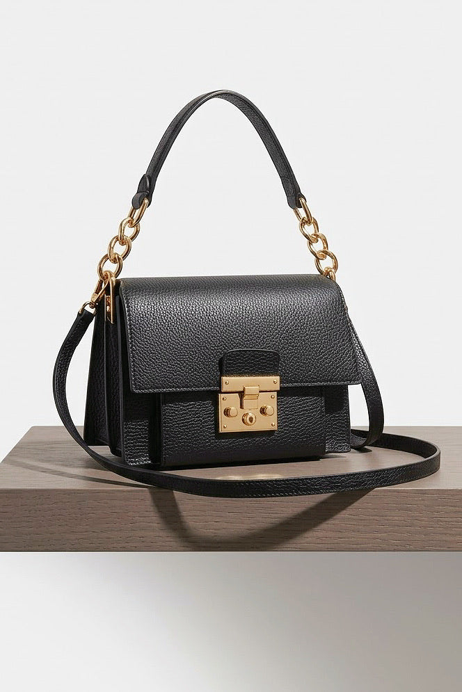ZZ185 Black Grained Leather Top Handle Bag