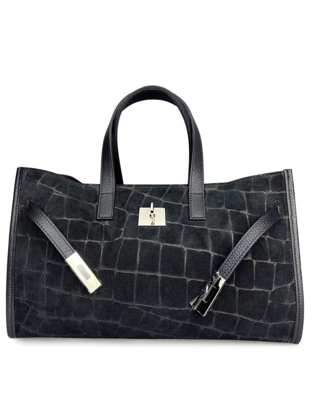 Mi131 Black Croco-Print Suede Tote