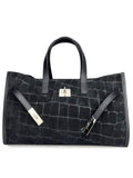 Mi131 Black Croco-Print Suede Tote