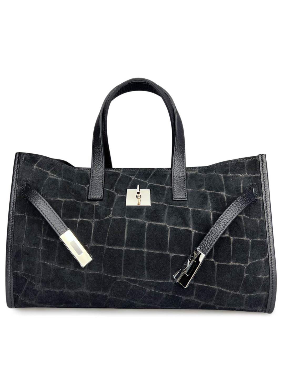 Mi131 Black Croco-Print Suede Tote