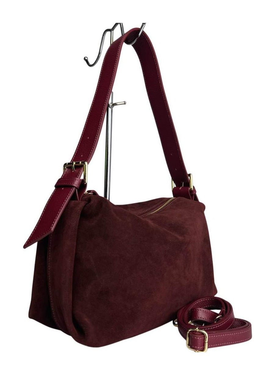 MI572 Burgundy Suede Buckle Shoulder Bag