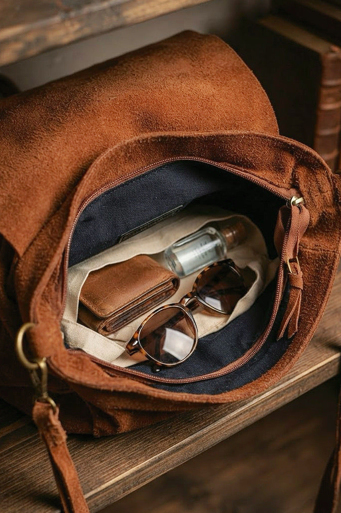 ZZ164 Cognac Suede Crossbody Bag