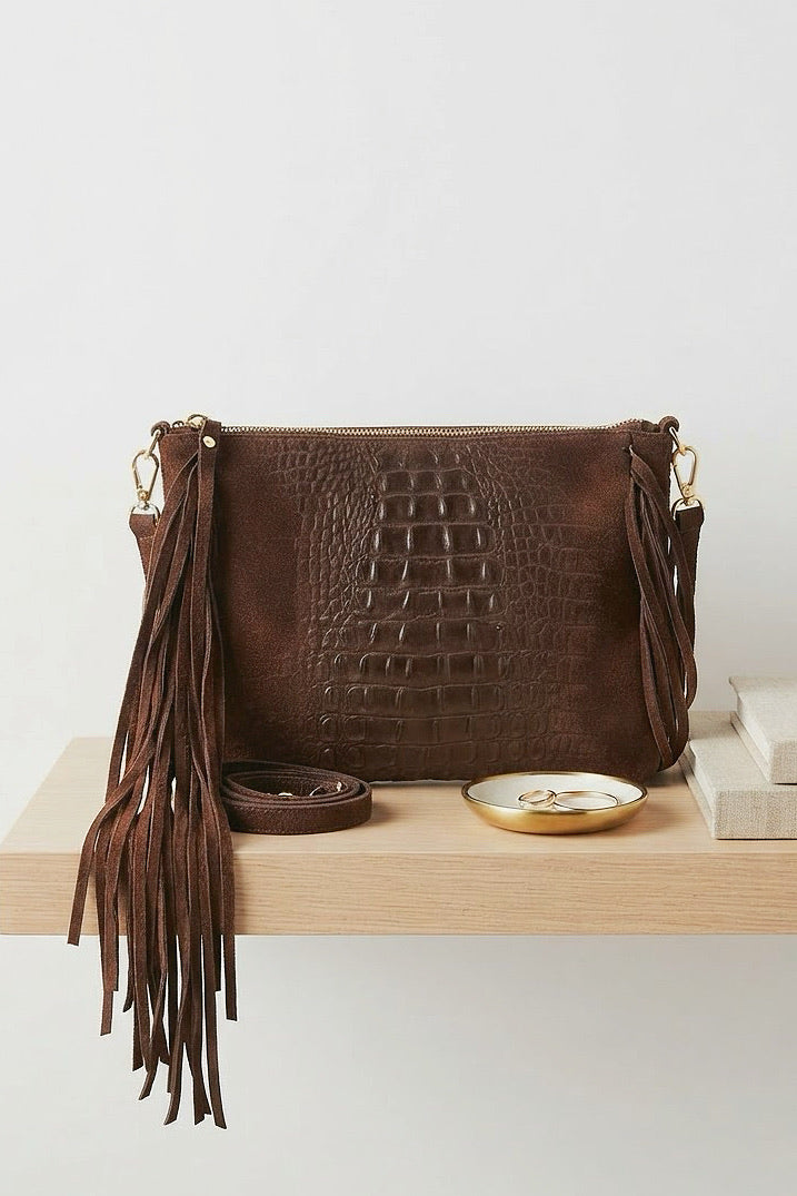ZZ094 Brown Croco Suede Fringe Crossbody Bag