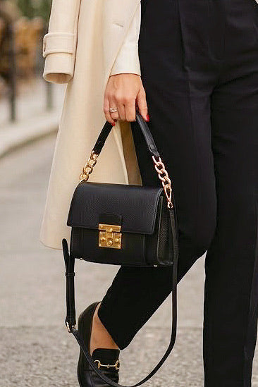 ZZ185 Black Grained Leather Top Handle Bag
