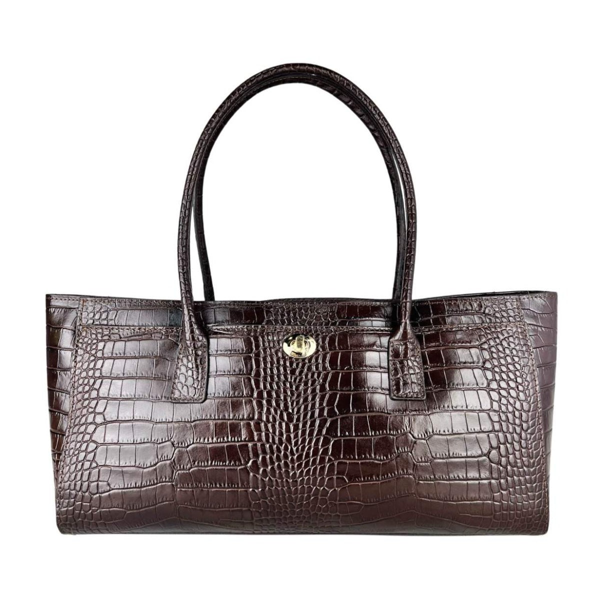 MI627 Dark Brown Croc-Print Leather Shoulder Bag