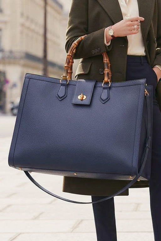 ZZ088 Navy XL Bamboo Handle Handbag