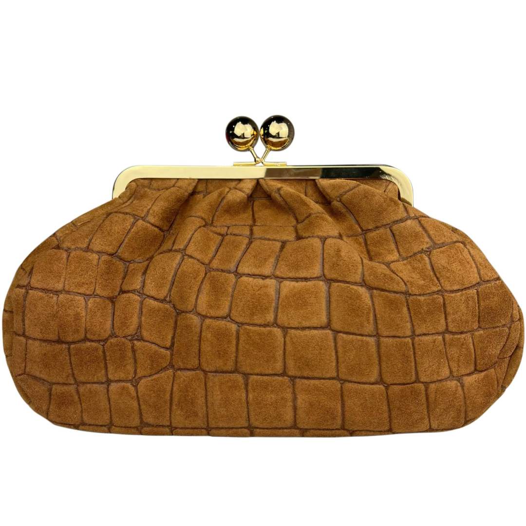 Mi275 Tan Suede Croco-Print Clip Clutch