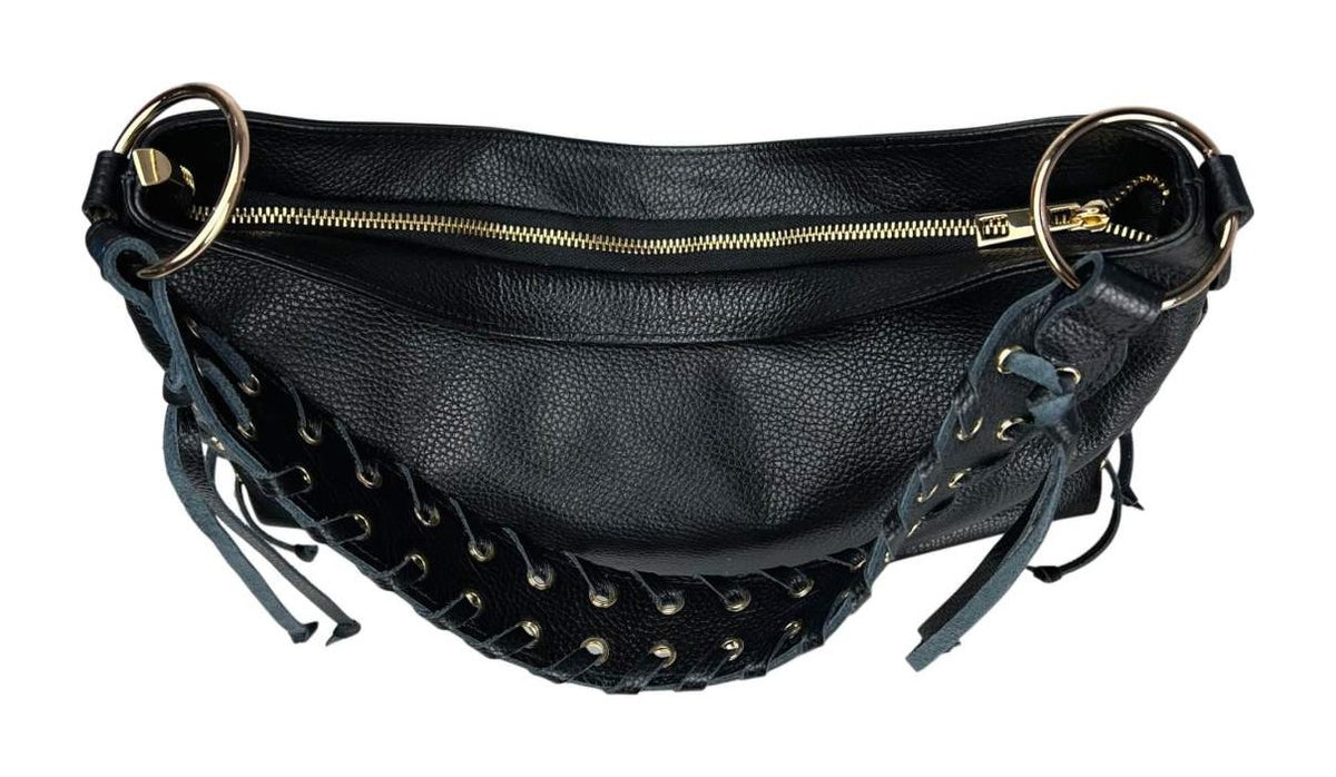 MI582 Black Leather Laced Hobo Bag