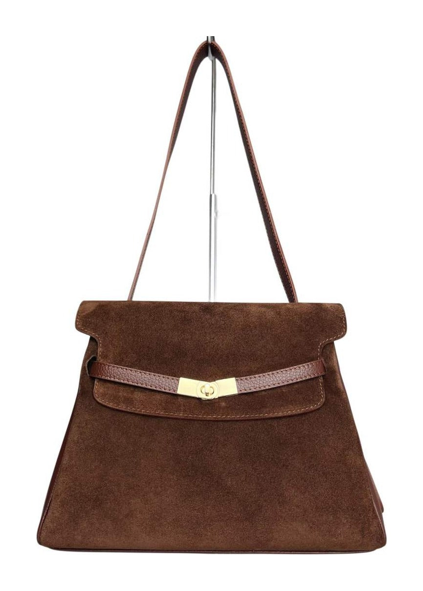 MI576 Mocha Suede Belted Shoulder Bag