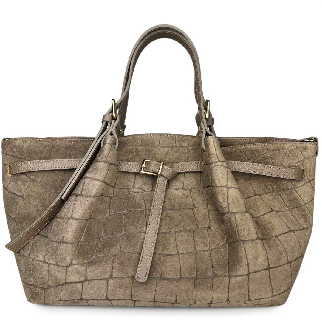 Mi080 Dark Taupe Croco-Print Suede Tote