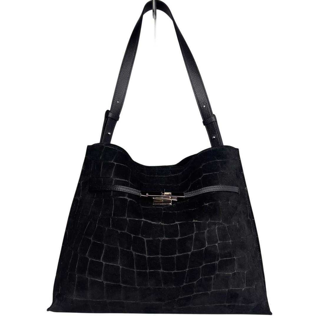 MI532 Black Croco Print Suede Shopper Bag