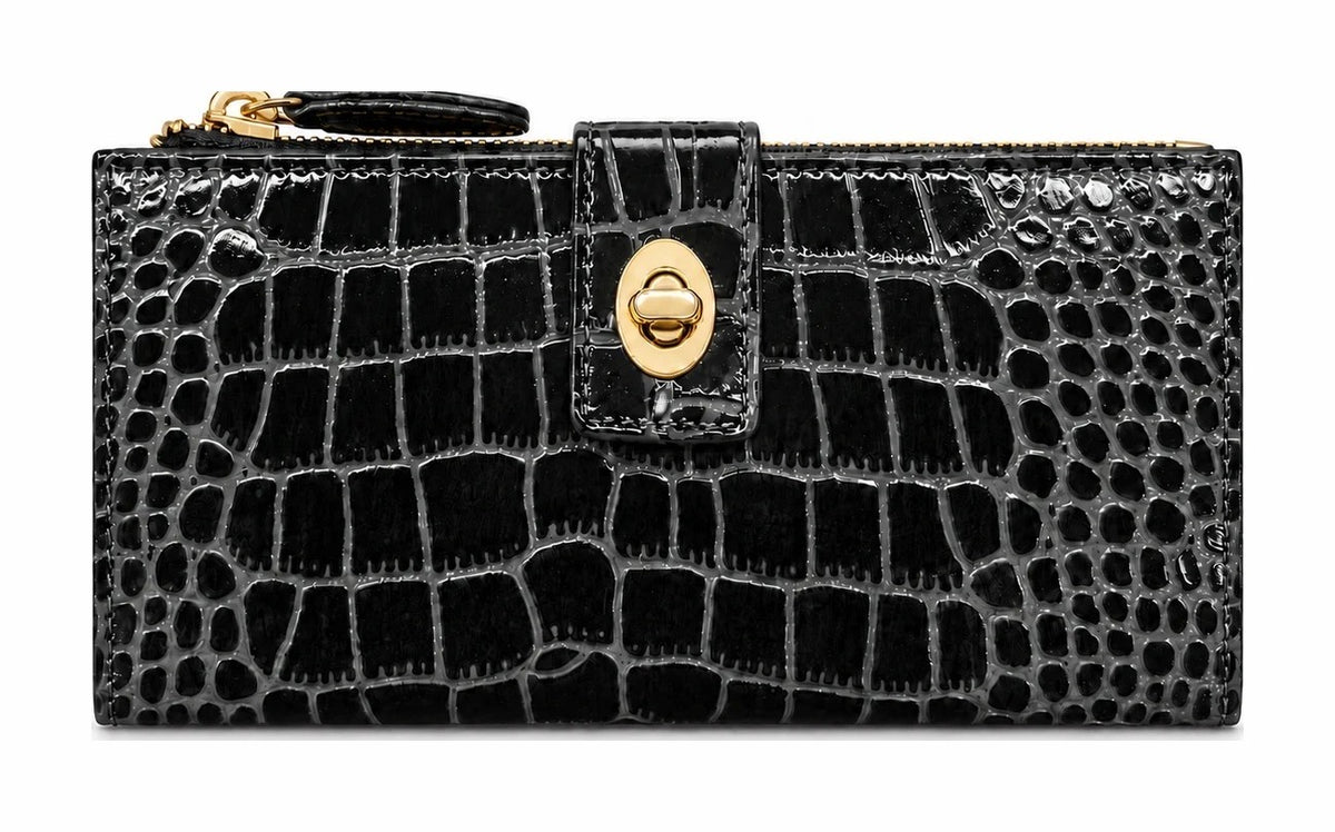 HE007 Black Croc Long Leather Wallet