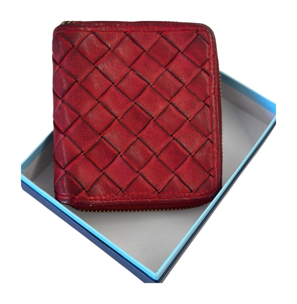 HE025 Red Woven Leather Zip Wallet